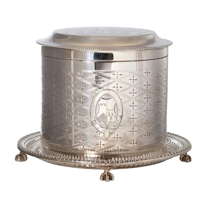 Croghans Rings Victorian English SilverPlated Engraved Crest Biscuit Box