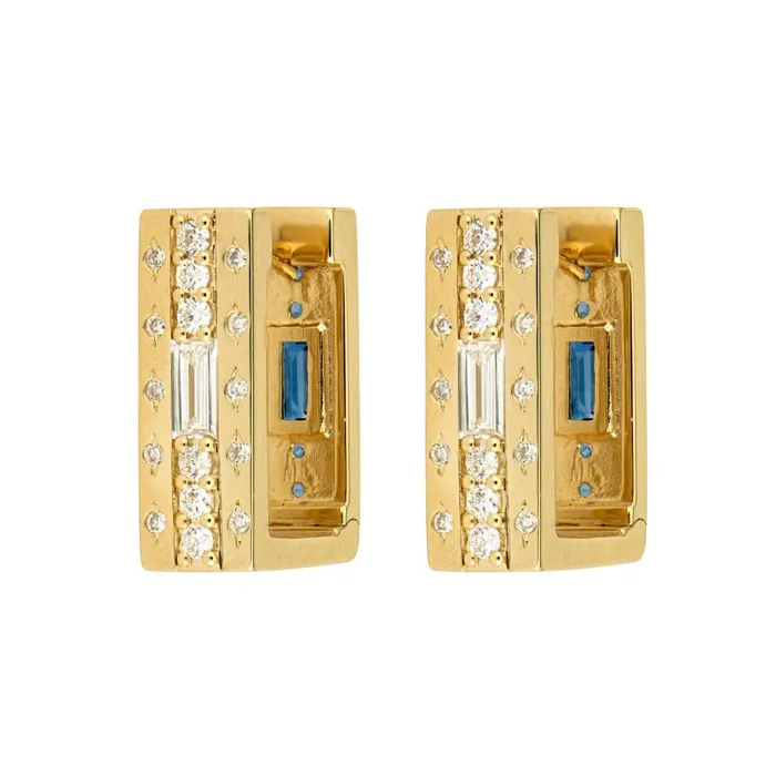 Croghans Sapphire Diamond 14K Gold Wide Rectangular Hoop Earrings Earrings