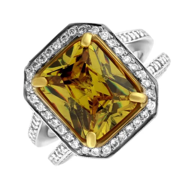 Diffused Yellow Orange Citrine Radiant Cut Round Brilliant Diamond Diamond Cocktail Ring Set in 18K White Gold 885t tw Diamond Source NYC Rings