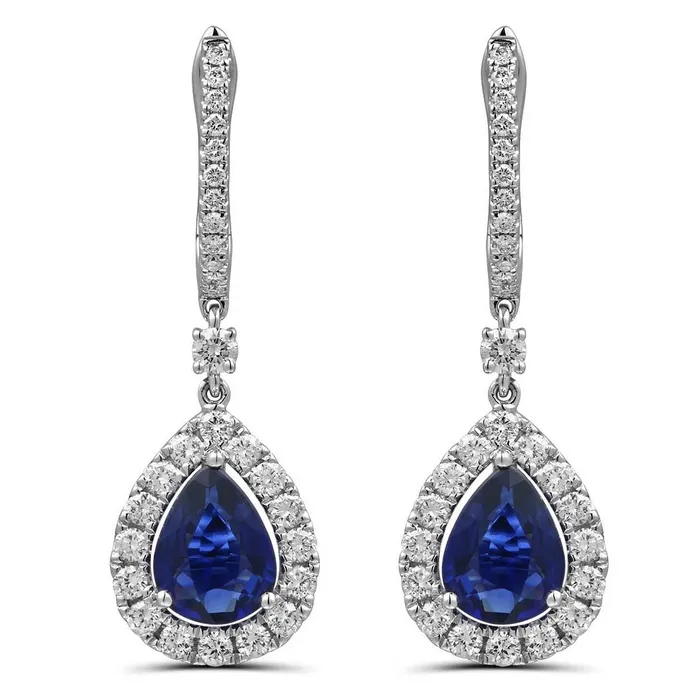 Earrings Meierotto Jewelers 18K White Gold Diamond Hoop Earring with Pear Sapphire with Diamond Halo Dangle Earrings Meierotto Jewelers 18K White Gold Diamond Hoop Earring with Pear Sapphire with Diamond Halo Dangle