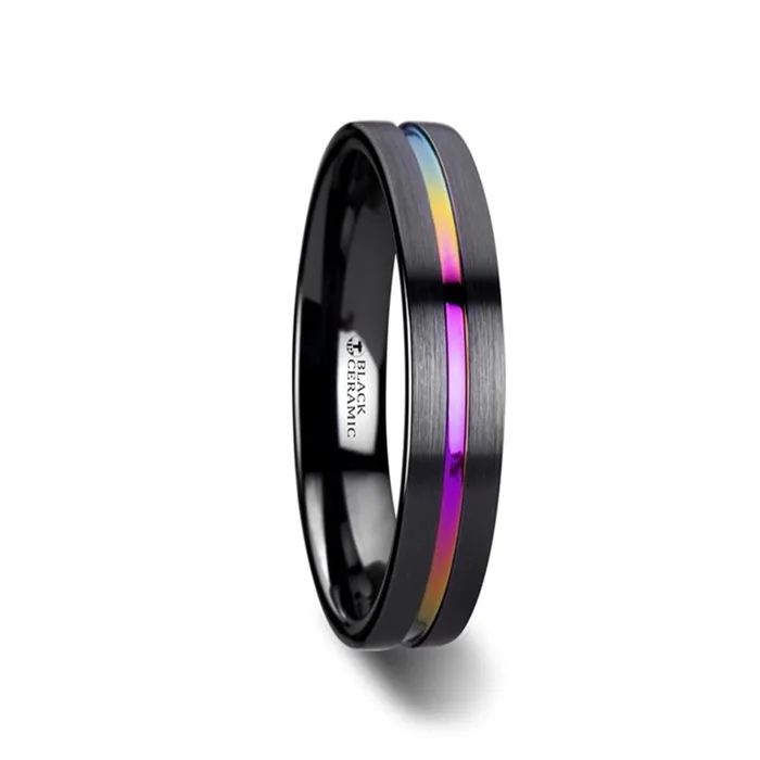 Flat Black Ceramic Band with Rainbow Groove Mens Bands Rings