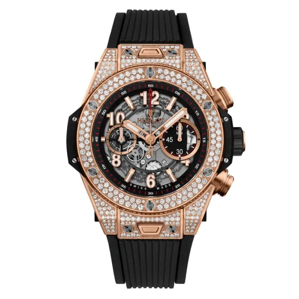 Hublot Big Bang Unico King Gold Pave 45mm Watch Ref 411OX1180RX1704 Skeleton Dial Diamond Bezel in 18K Rose Gold Diamond Case Black Lined Rubber Strap Hublot PreStyled Sets Hublot Big Bang Unico King Gold Pave 45mm Watch Ref 411OX1180RX1704 Skeleton Dial Diamond Bezel in 18K Rose Gold Diamond Case Black Lined Rubber Strap Hublot PreStyled Sets