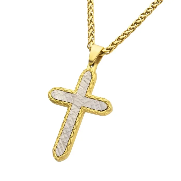 Inox Necklaces Inox Stainless Steel with Ion Plated 18K Gold Chiseled Cross Pendant Necklace 24 inch