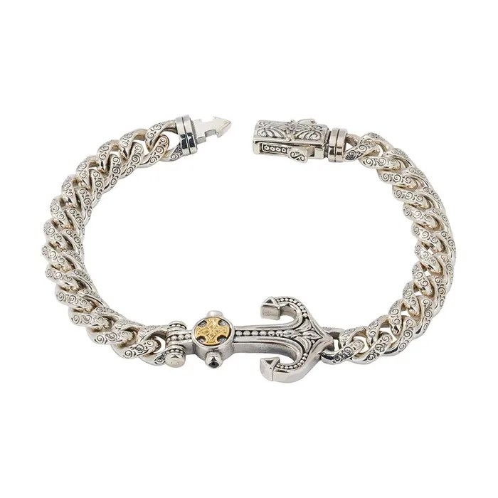 Konstantino Bracelets Konstantino Mens Laconia Silver and 18K Gold Black Spinel Link Anchor Bracelet