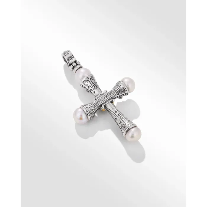 Konstantino Muse Collection Silver and Gold Pearl and White Sapphire Medium Cross Pendant Konstantino Necklaces Konstantino Muse Collection Silver and Gold Pearl and White Sapphire Medium Cross Pendant Konstantino Necklaces