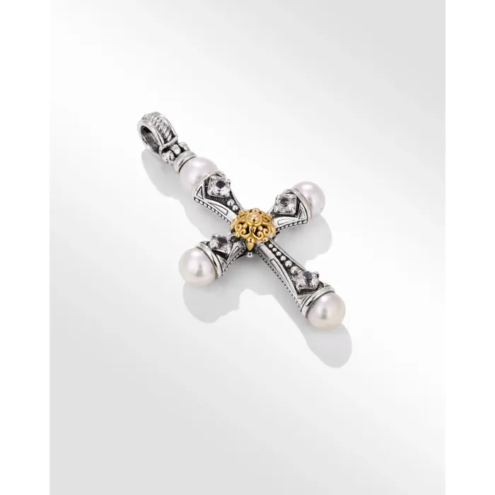 Konstantino Muse Collection Silver and Gold Pearl and White Sapphire Medium Cross Pendant Konstantino Necklaces Konstantino Muse Collection Silver and Gold Pearl and White Sapphire Medium Cross Pendant Konstantino Necklaces