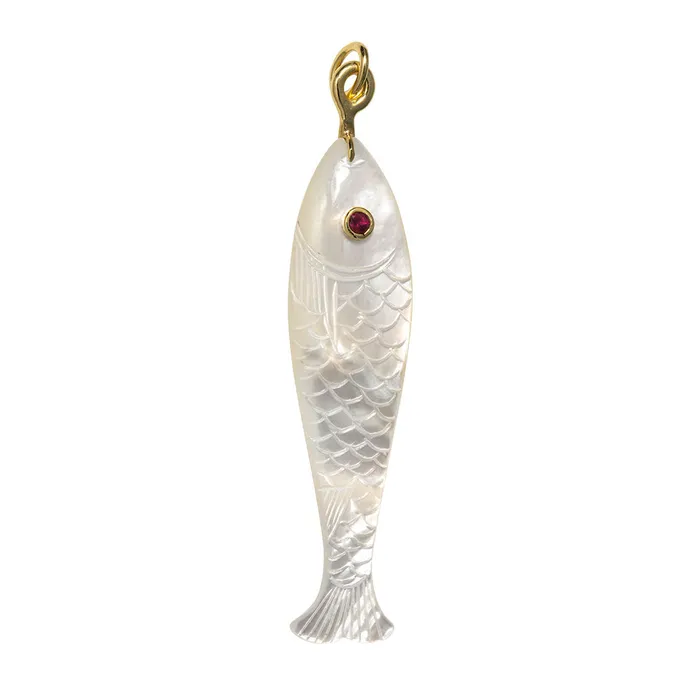 Mazza Necklaces Mazza Mother of Pearl Ruby 14K Gold Fish Pendant