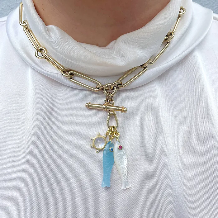 Mazza Necklaces Mazza Mother of Pearl Ruby 14K Gold Fish Pendant