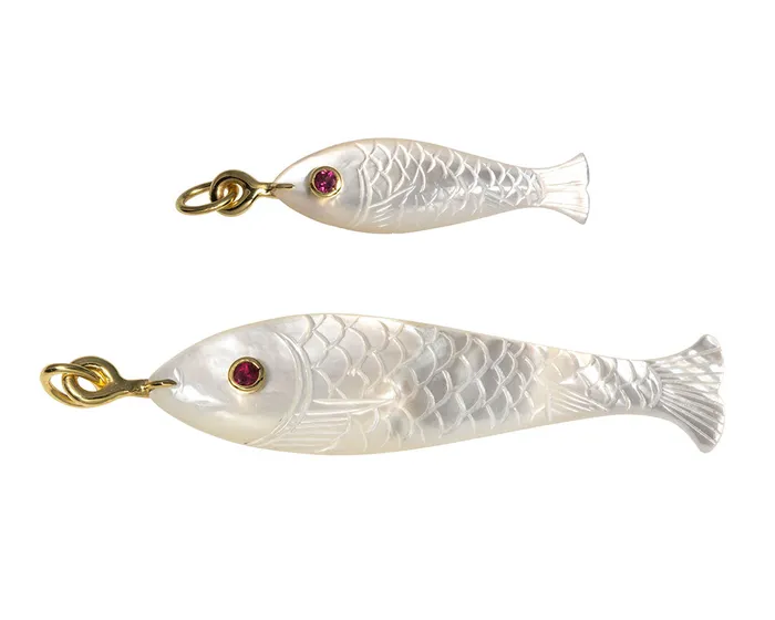 Mazza Necklaces Mazza Mother of Pearl Ruby 14K Gold Fish Pendant