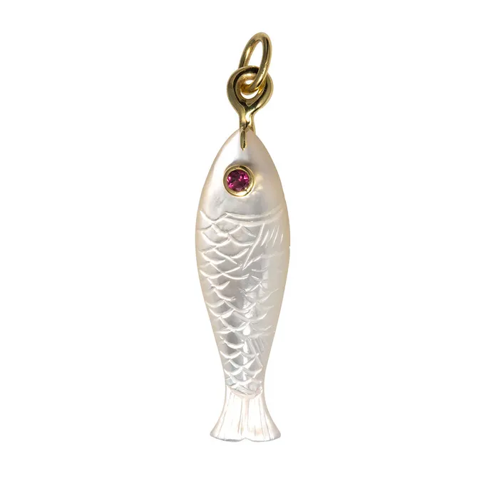 Mazza Necklaces Mazza Mother of Pearl Ruby 14K Gold Fish Pendant
