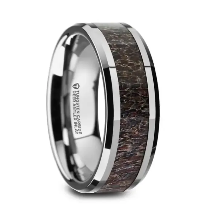 Mens Bands Rings Beveled Tungsten Carbide 8mm Band with Dark Antler Inlay