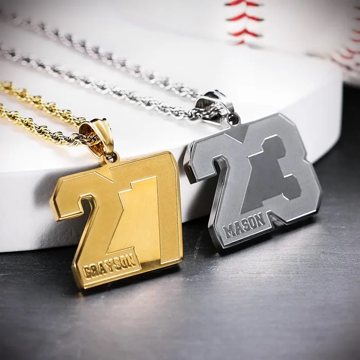 Necklaces Belbren Personalized Sports Number Necklace Customizable Name Message Pendant for Basketball Baseball Team Sports Fans