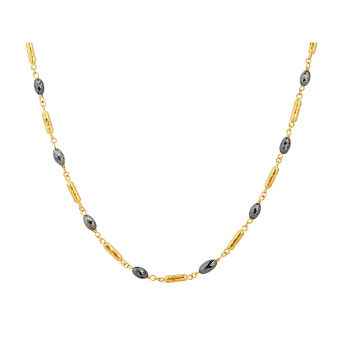 Necklaces Gurhan Gurhan 24K Yellow Gold Necklace with Faceted Black Diamond Bead Stations with 18K Lobster Clasp Necklaces Gurhan Gurhan 24K Yellow Gold Necklace with Faceted Black Diamond Bead Stations with 18K Lobster Clasp