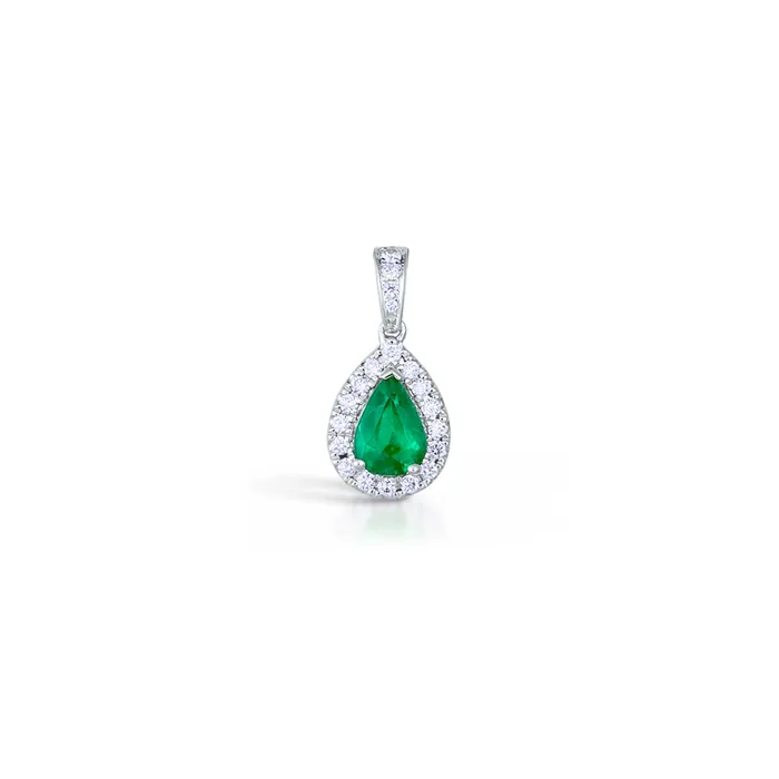 Necklaces Meierotto Jewelers 14K White Gold Pear Cut Emerald Pendant with Diamond Halo Necklaces Meierotto Jewelers 14K White Gold Pear Cut Emerald Pendant with Diamond Halo