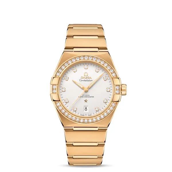 Omega Constellation 39mm Watch Ref 13155392052002 Silver Diamond Index Dial Diamond Bezel 18K Yellow Gold Bracelet Omega Bracelets Omega Constellation 39mm Watch Ref 13155392052002 Silver Diamond Index Dial Diamond Bezel 18K Yellow Gold Bracelet Omega Bracelets