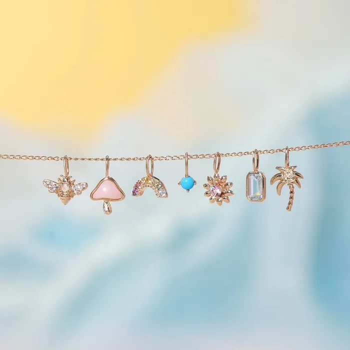 Opal White Sapphire 14K Yellow Gold Bee Charm Croghans Charm Necklaces