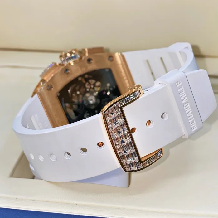 Richard Mille Richard Mille RM11022 50mm Custom Made Pave Diamond Dial in 18K Rose Gold Pave Diamond Case White Rubber Strap PreStyled Sets Richard Mille Richard Mille RM11022 50mm Custom Made Pave Diamond Dial in 18K Rose Gold Pave Diamond Case White Rubber Strap PreStyled Sets