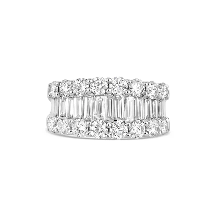 Rings 14K White Gold Wide Baguette Diamond Band with Round Diamond Edges Wedding Bands