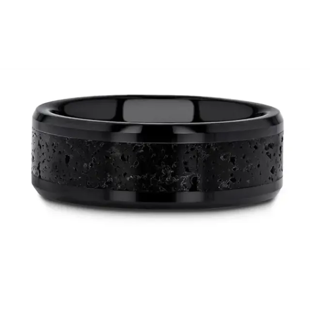 Rings Mens Bands Black Ceramic 6mm Band with Gray Lava Rock Inlay