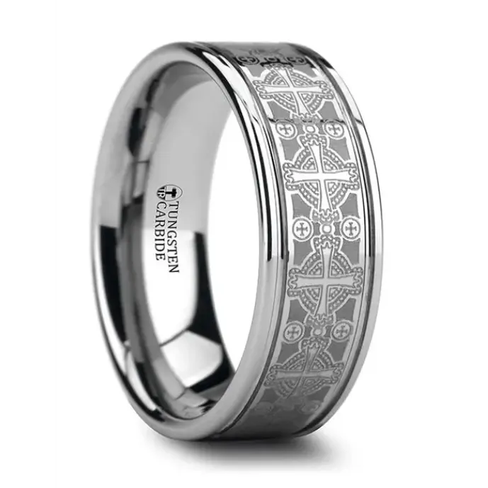 Rings Mens Bands Flat Tungsten 8mm Ring with Engraved Celtic Crosses