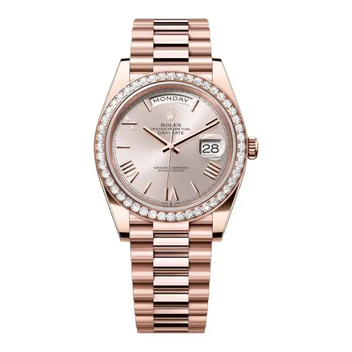 Rolex Bracelets Rolex Day Date 40mm Ref 228345rbr0008 Sundust Roman Dial Diamond Bezel 18K Rose Gold President Bracelet Mens Watch