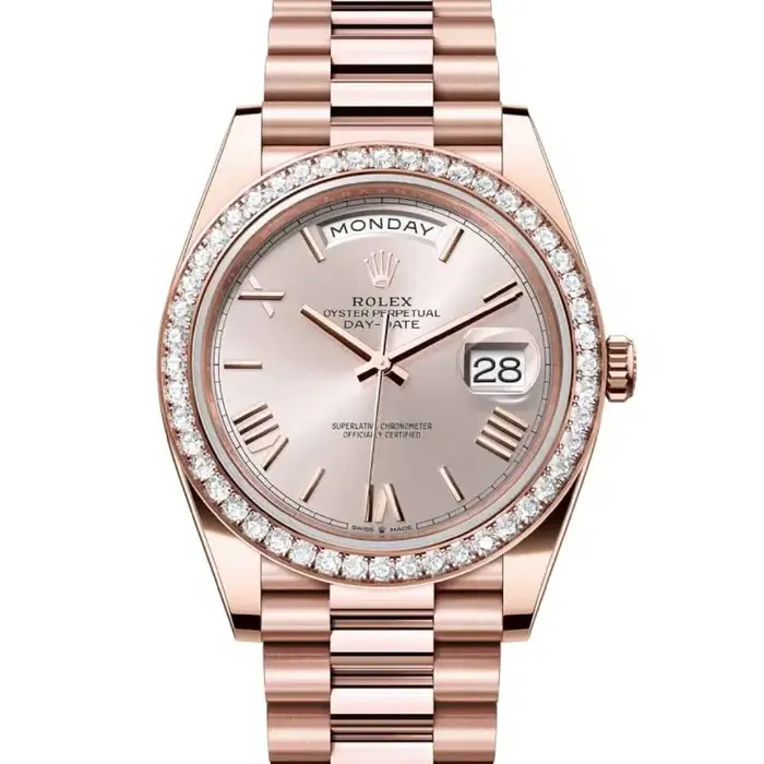 Rolex Bracelets Rolex Day Date 40mm Ref 228345rbr0008 Sundust Roman Dial Diamond Bezel 18K Rose Gold President Bracelet Mens Watch