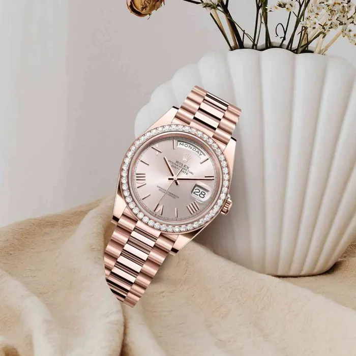 Rolex Bracelets Rolex Day Date 40mm Ref 228345rbr0008 Sundust Roman Dial Diamond Bezel 18K Rose Gold President Bracelet Mens Watch