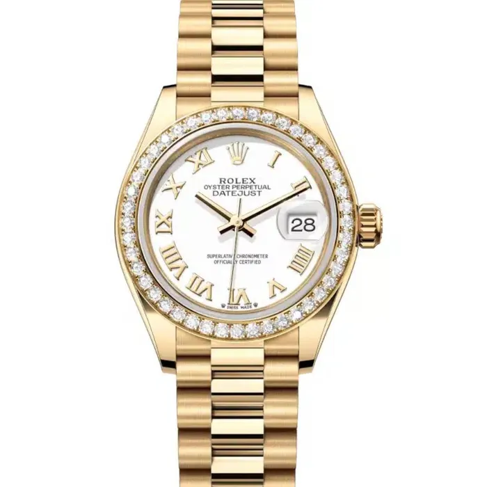 Rolex Bracelets Rolex LadyDatejust 28mm Ref 279138rbr0031 White Roman Dial Diamond Bezel 18K Yellow Gold Presidential Bracelet Womens Watch