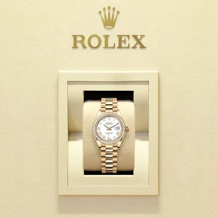 Rolex Bracelets Rolex LadyDatejust 28mm Ref 279138rbr0031 White Roman Dial Diamond Bezel 18K Yellow Gold Presidential Bracelet Womens Watch