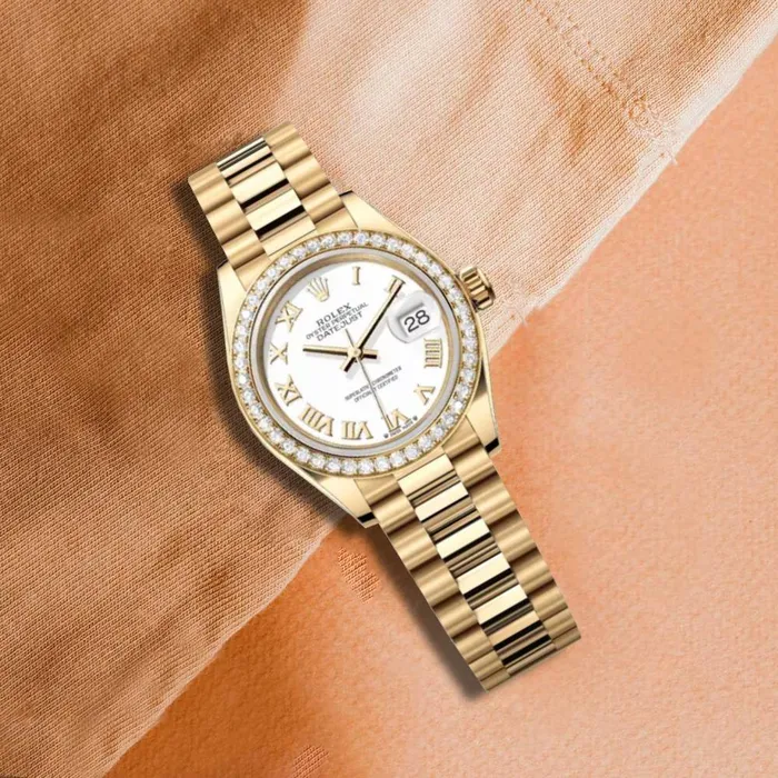 Rolex Bracelets Rolex LadyDatejust 28mm Ref 279138rbr0031 White Roman Dial Diamond Bezel 18K Yellow Gold Presidential Bracelet Womens Watch