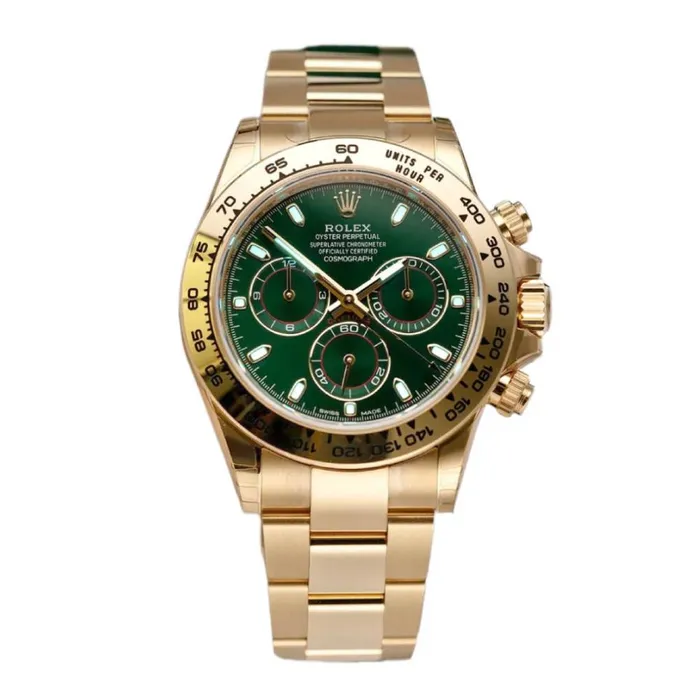 Rolex Cosmograph Daytona 40mm Ref 1165080013 Green Index Dial with Red Accents 18K Yellow Gold Oyster Bracelet Mens Watch Rolex Bracelets Rolex Cosmograph Daytona 40mm Ref 1165080013 Green Index Dial with Red Accents 18K Yellow Gold Oyster Bracelet Mens Watch Rolex Bracelets