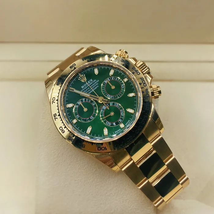 Rolex Cosmograph Daytona 40mm Ref 1165080013 Green Index Dial with Red Accents 18K Yellow Gold Oyster Bracelet Mens Watch Rolex Bracelets