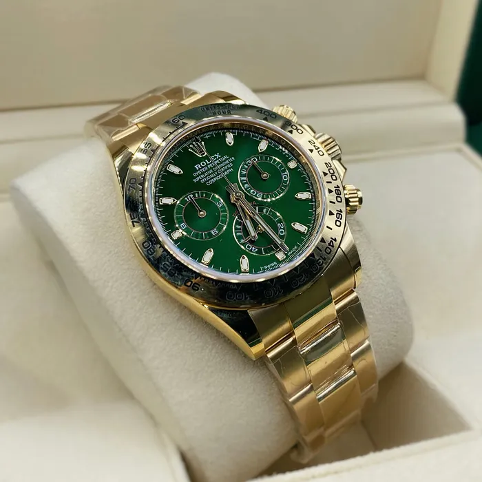 Rolex Cosmograph Daytona 40mm Ref 1165080013 Green Index Dial with Red Accents 18K Yellow Gold Oyster Bracelet Mens Watch Rolex Bracelets