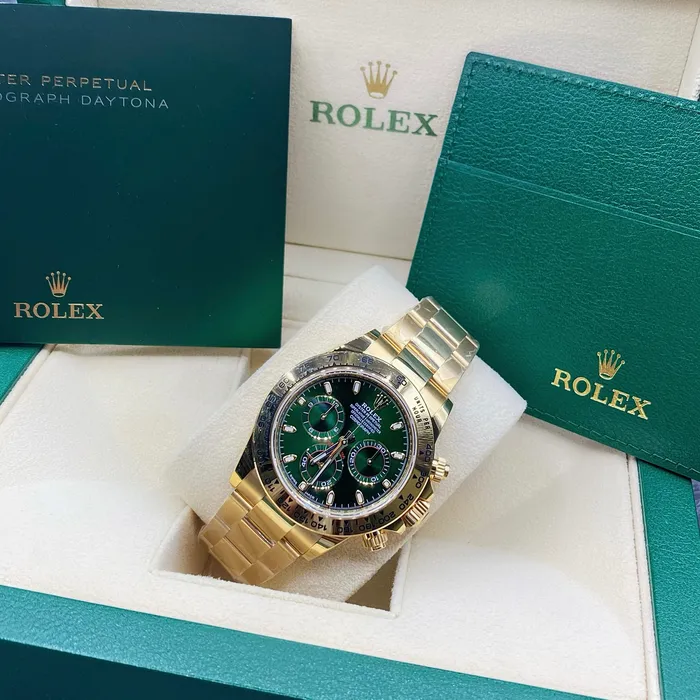 Rolex Cosmograph Daytona 40mm Ref 1165080013 Green Index Dial with Red Accents 18K Yellow Gold Oyster Bracelet Mens Watch Rolex Bracelets