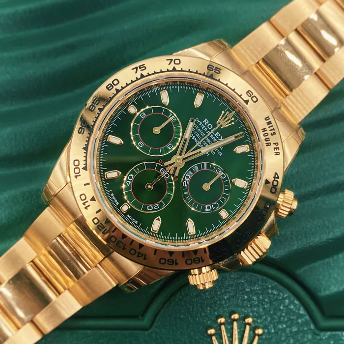Rolex Cosmograph Daytona 40mm Ref 1165080013 Green Index Dial with Red Accents 18K Yellow Gold Oyster Bracelet Mens Watch Rolex Bracelets