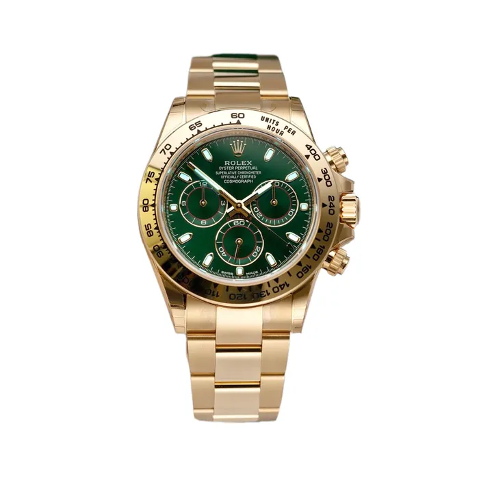 Rolex Cosmograph Daytona 40mm Ref 1165080013 Green Index Dial with Red Accents 18K Yellow Gold Oyster Bracelet Mens Watch Rolex Bracelets