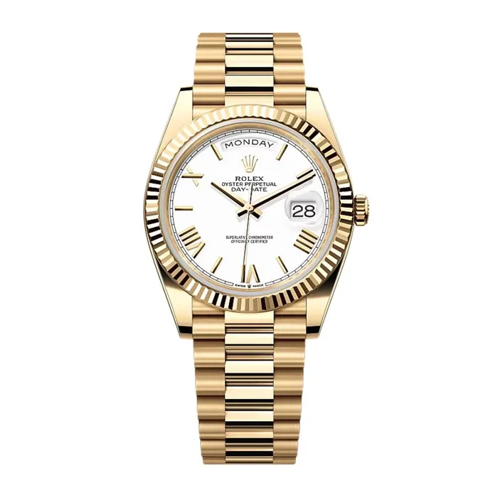 Rolex Day Date 40mm Ref 2282380042 White Roman Dial Fluted Bezel 18K Yellow Gold President Bracelet Mens Watch Rolex Bracelets