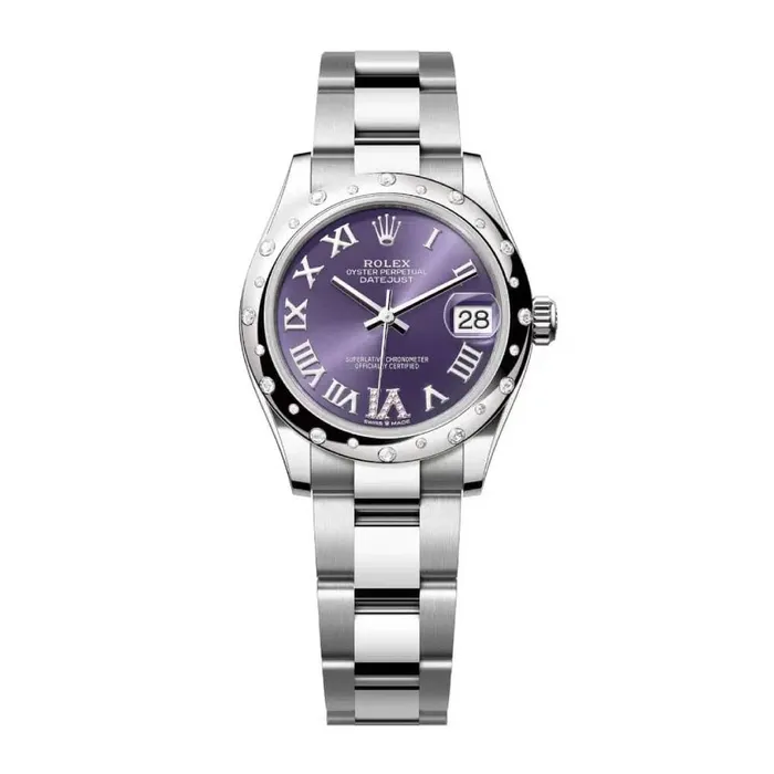 Rolex Rolex Datejust 31mm Ref 278344rbr0027 Aubergine Purple Roman Diamond Dial Diamond Bezel Stainless Steel Oyster Bracelet Womens Watch Bracelets Rolex Rolex Datejust 31mm Ref 278344rbr0027 Aubergine Purple Roman Diamond Dial Diamond Bezel Stainless Steel Oyster Bracelet Womens Watch Bracelets