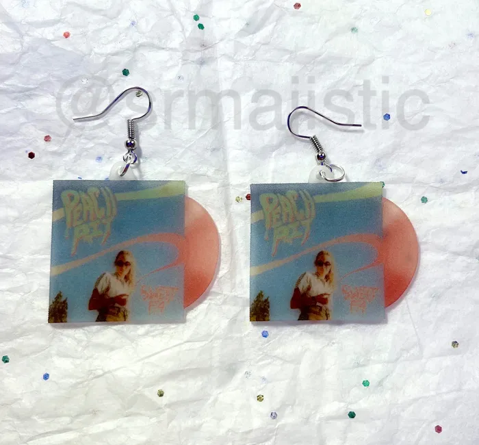 Sam Makes Things Earrings Peach Pit Sweet FA Vinyl Album Handmade Earrings