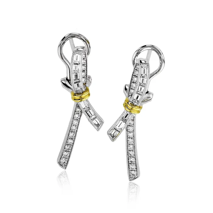 Simon G Earrings Simon G 18K Yellow and White Gold Crossover Earrings Baguette and Round Diamonds Simon G Earrings Simon G 18K Yellow and White Gold Crossover Earrings Baguette and Round Diamonds