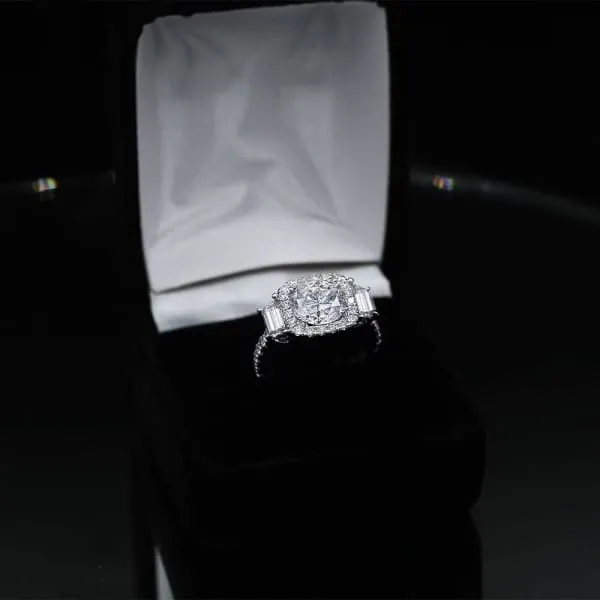 Unique Halo Diamond Engagement Ring Set in 18K White Gold 430ct tw Round Brilliant Trapezoid Cut Clarity Enhanced Diamonds Diamond Source NYC Rings