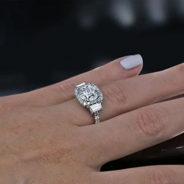 Unique Halo Diamond Engagement Ring Set in 18K White Gold 430ct tw Round Brilliant Trapezoid Cut Clarity Enhanced Diamonds Diamond Source NYC Rings