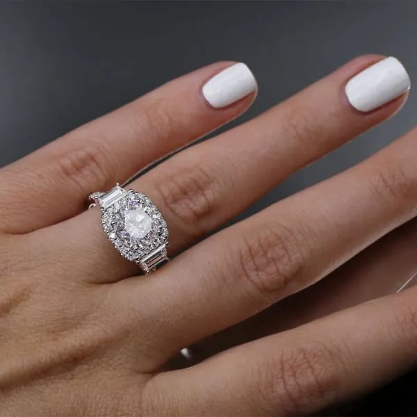 Unique Halo Diamond Engagement Ring Set in 18K White Gold 430ct tw Round Brilliant Trapezoid Cut Clarity Enhanced Diamonds Diamond Source NYC Rings