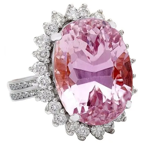 22 Ct Oval Cut Pink Kunzite And Natural Earth Mined Diamond Wedding Ring White Gold 14K GB Rings