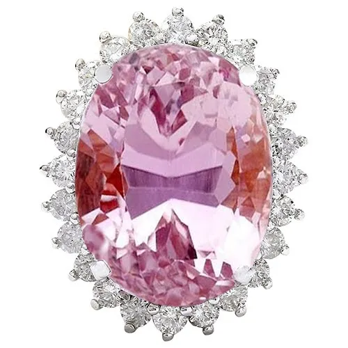 22 Ct Oval Cut Pink Kunzite And Natural Earth Mined Diamond Wedding Ring White Gold 14K GB Rings