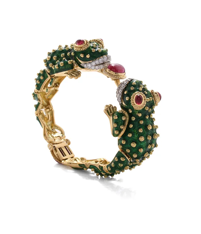 Bracelets David Webb Workshop Twin Frog Bracelet Green Enamel Ruby