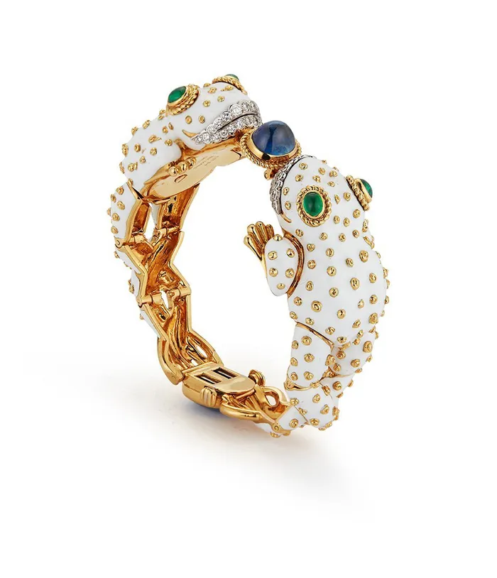 Bracelets David Webb Workshop Twin Frog Bracelet White Enamel Sapphire