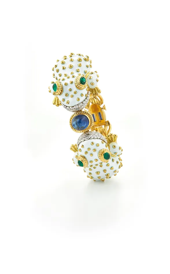 Bracelets David Webb Workshop Twin Frog Bracelet White Enamel Sapphire Bracelets David Webb Workshop Twin Frog Bracelet White Enamel Sapphire