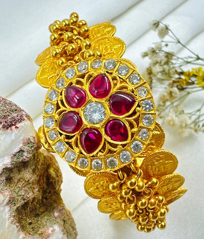 Bracelets Temple The Gejje Silver Coin Openable Kada Bracelet RedWhiteSize 22