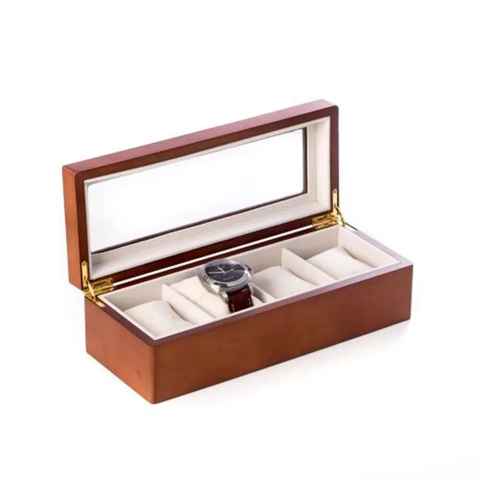 Cherry Wood 4 Watch Box With Glass Top Velour Lining Bey Berk Watches